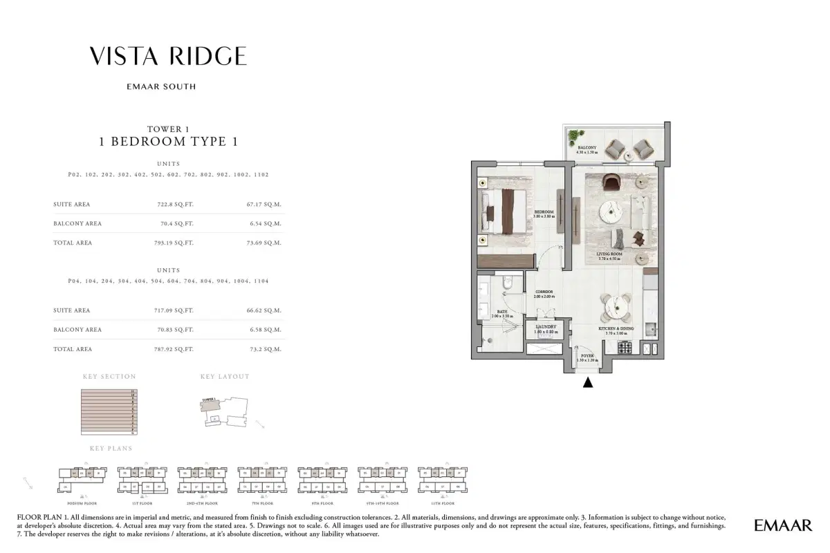 Emaar Vista Ridge at Emaar South 1 BR Floor Plan 788 Sq. Ft.