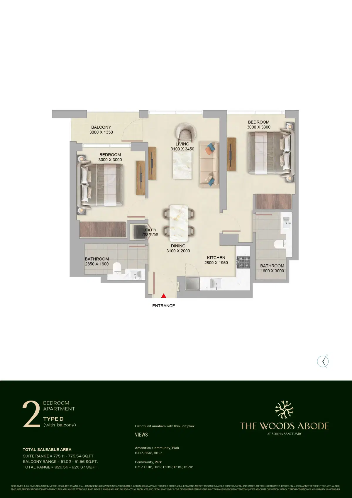 The Woods Abode 2 BR Floor Plan 826 Sq.Ft.