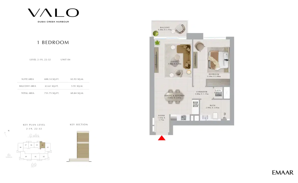 Emaar Valo Dubai 1 BR Apartment Floor Plan 752 Sq. Ft.