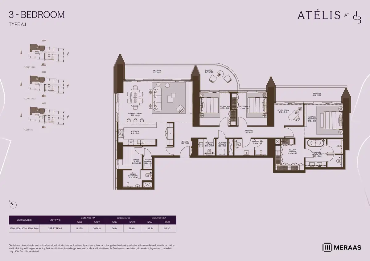 Meraas Atelis at Dubai Design District (D3) 3 BR Apartment Floor Plan