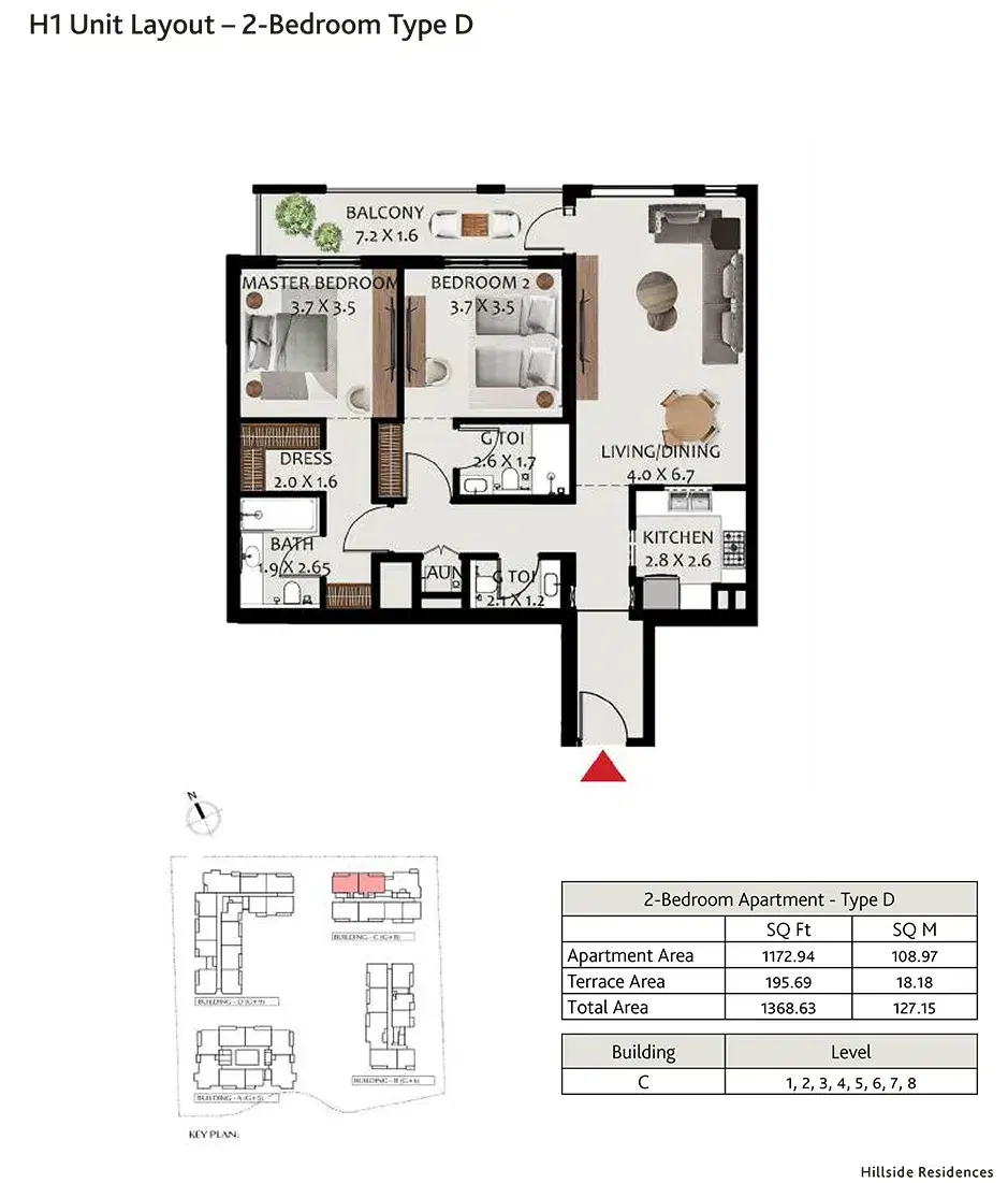 Hillside Residences at Wasl Gate 2 BR Apartment Floor Plan