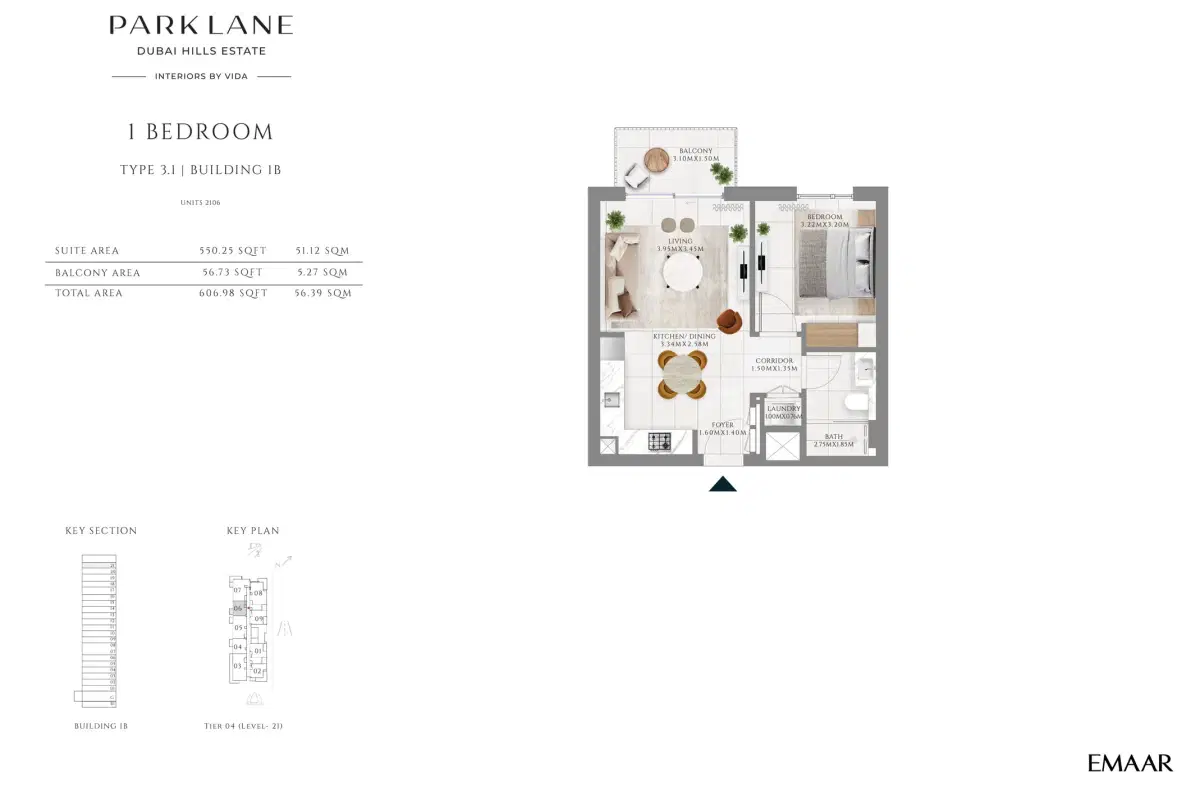 Emaar Park Lane Dubai 1 BR Floor Plan 606 Sq. Ft.