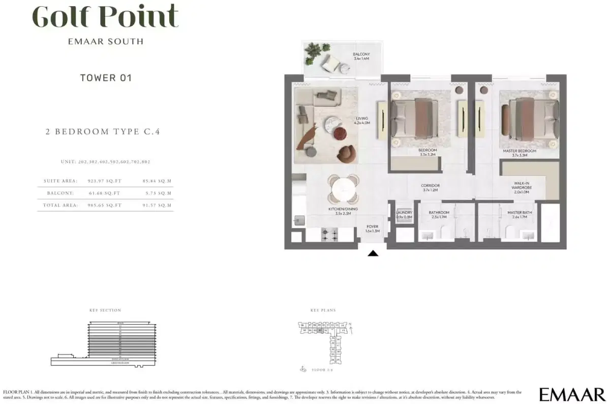 Emaar Golf Point Dubai 2 BR Floor Plan 985 Sq. Ft.