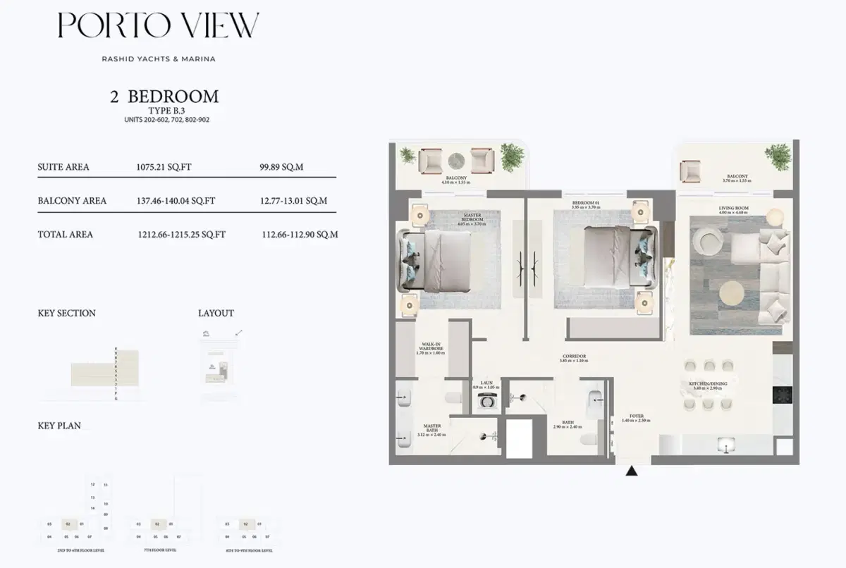 Emaar Porto View  Dubai 2 BR Floor Plan 1,215 Sq. Ft.