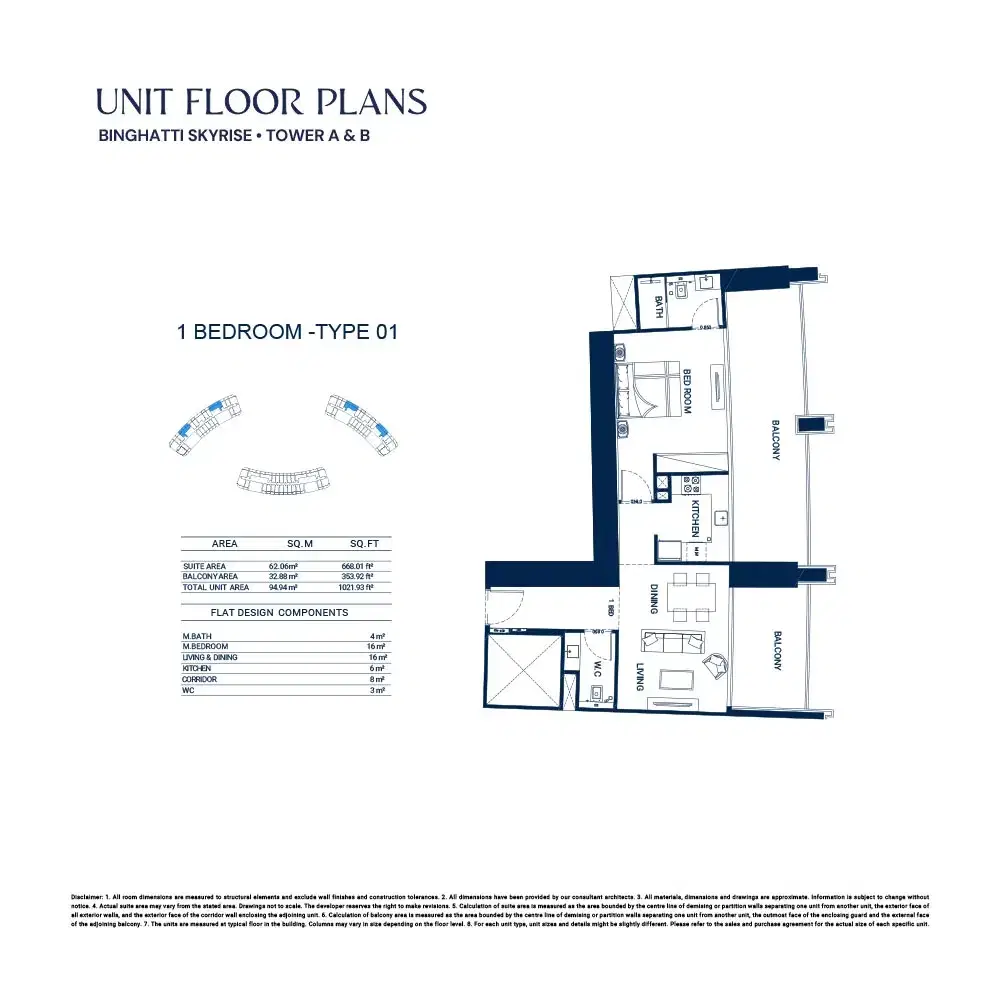Binghatti Skyrise 1 BR Floor Plan 1,021 Sq. Ft.