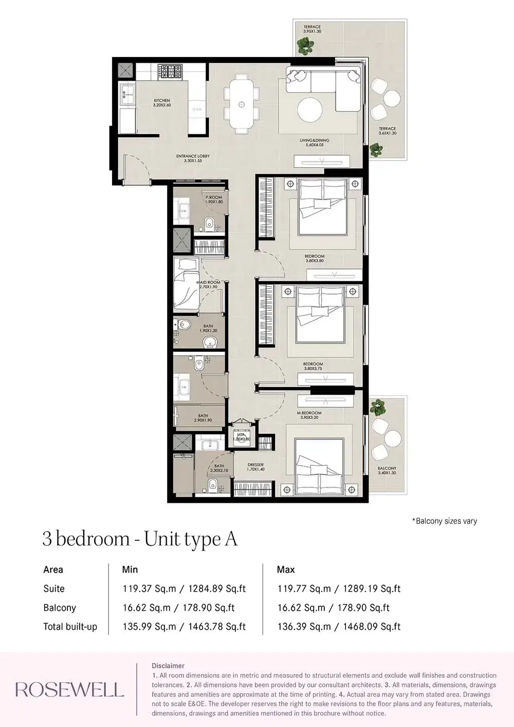 Nshama Rosewell At Town Square Dubai 3 BR Apartment Floor Plan