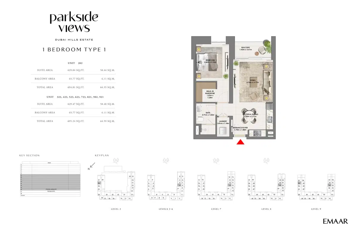 EMAAR Parkside Views Dubai 1 BR Floor Plan 695 Sq. Ft.