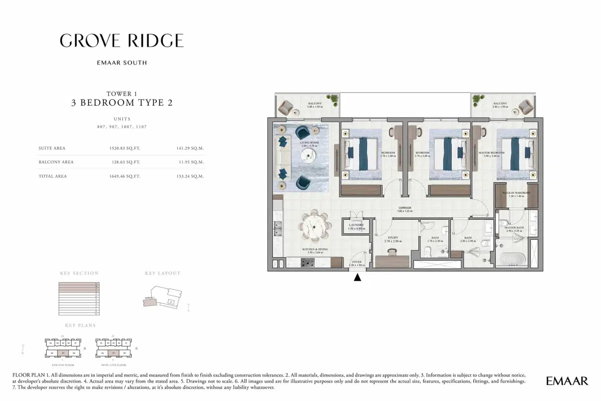 Emaar Grove Ridge At Dubai South 3 BR Apartment Floor Plan