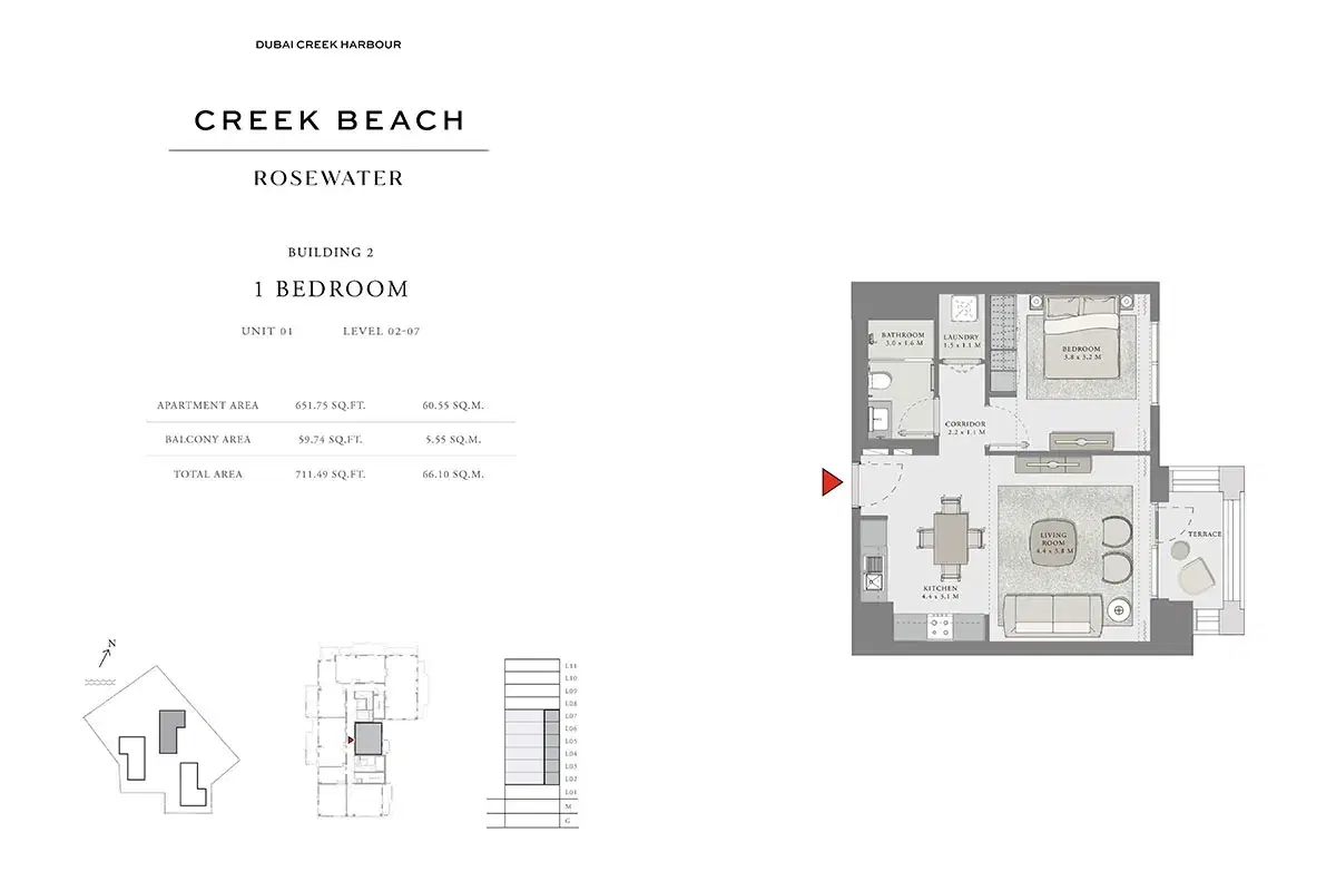 EMAAR Rosewater Dubai 1 BR Floor Plan 711 Sq. Ft.