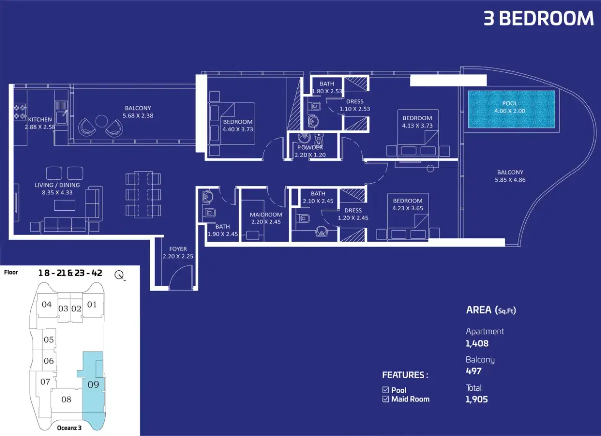 Danube Oceanz Tower 3 3 Bedroom Apartment Floor Plan