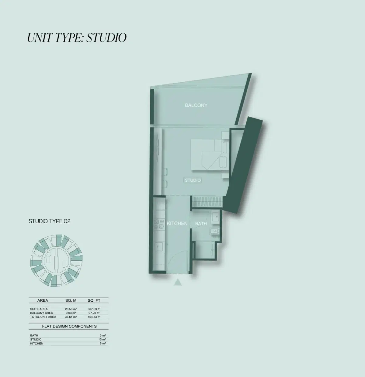 Binghatti Circle at Jumeirah Village Circle Studio Floor Plan 404 Sq. Ft.