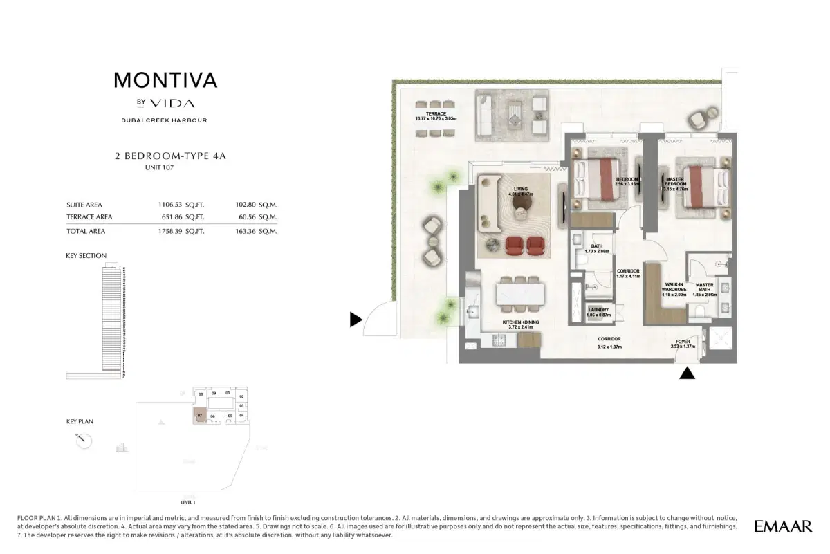 Emaar Montiva by Vida at Dubai Creek Harbour  2 BR Floor Plan 1,758 Sq. Ft.
