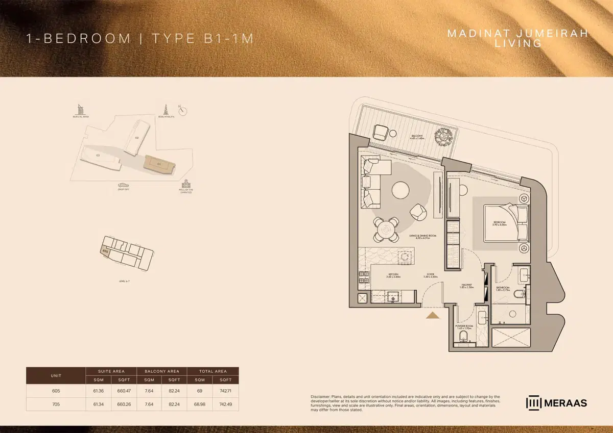 Nourelle at Madinat Jumeirah Living Dubai 1 BR Floor Plan 742 Sq. Ft.