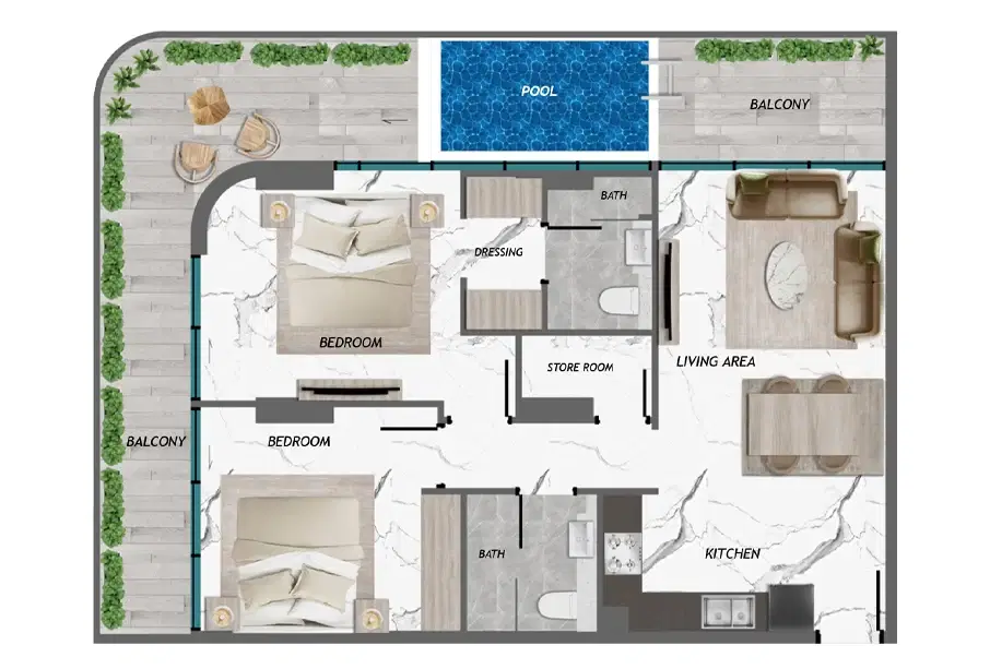 Samana California 2 2 Bedroom Apartments Floor Plan