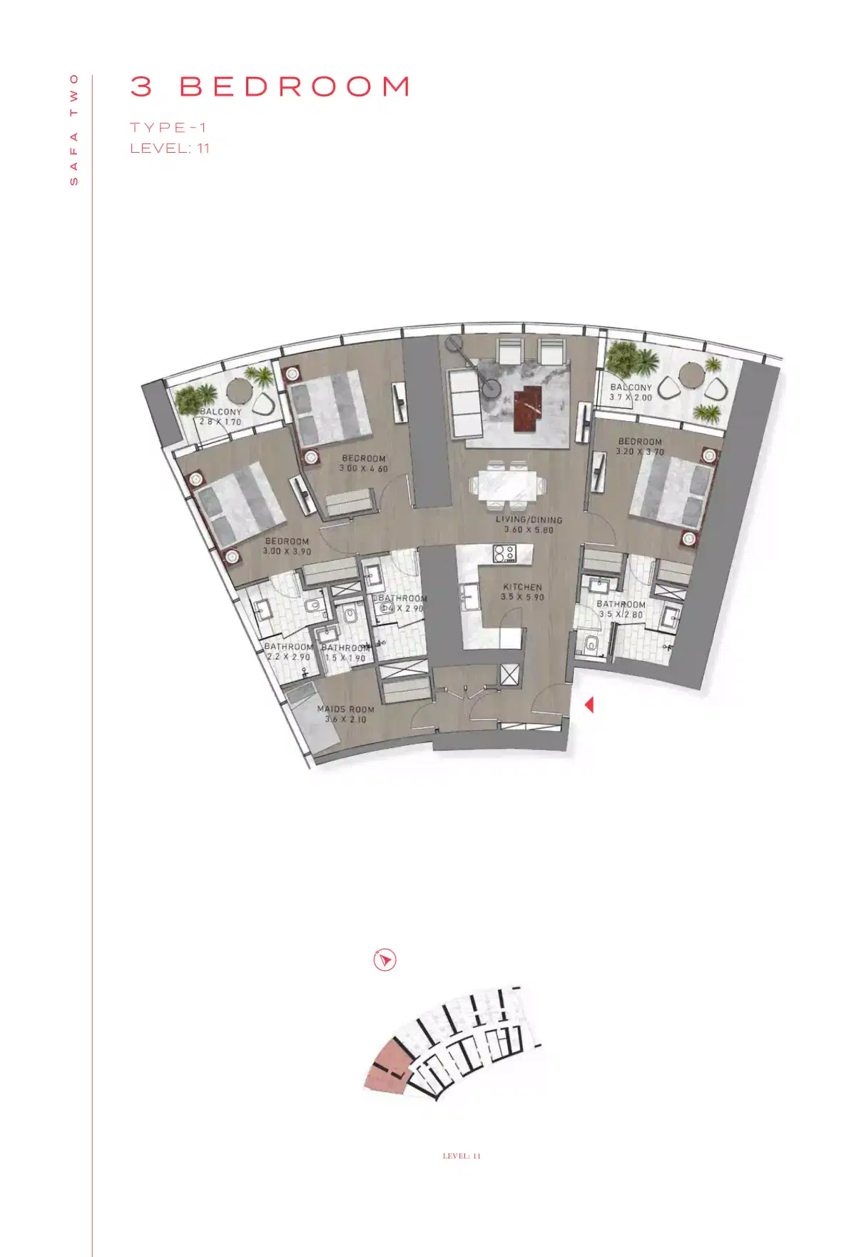 Safa Two 3 BR Apartment Floor Plan