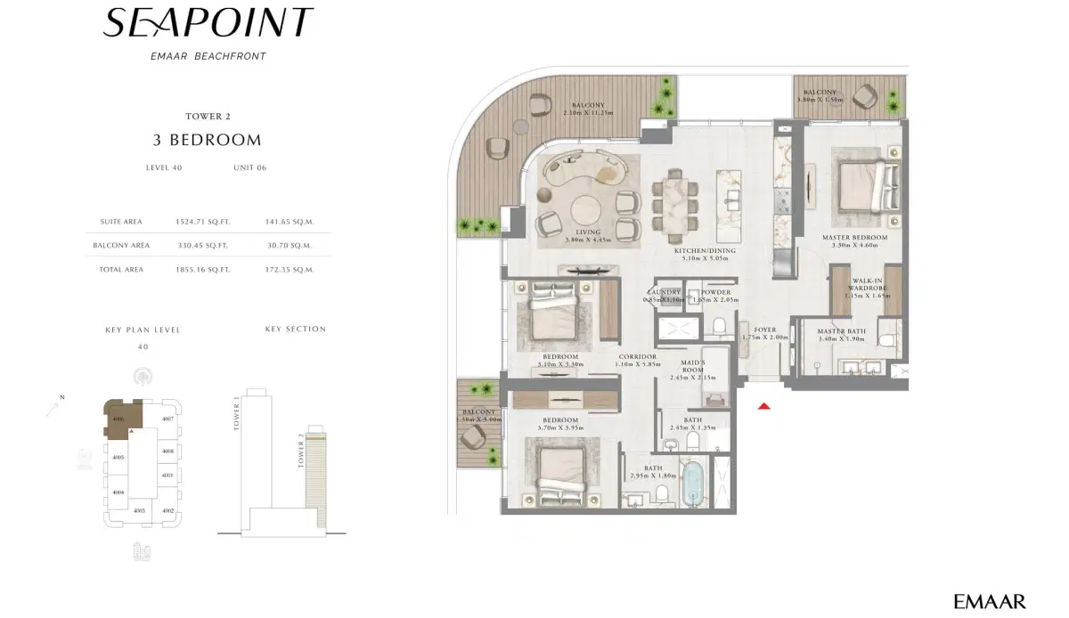 EMAAR Seapoint Development 3 BR Floor Plan 1,855 Sq. Ft.