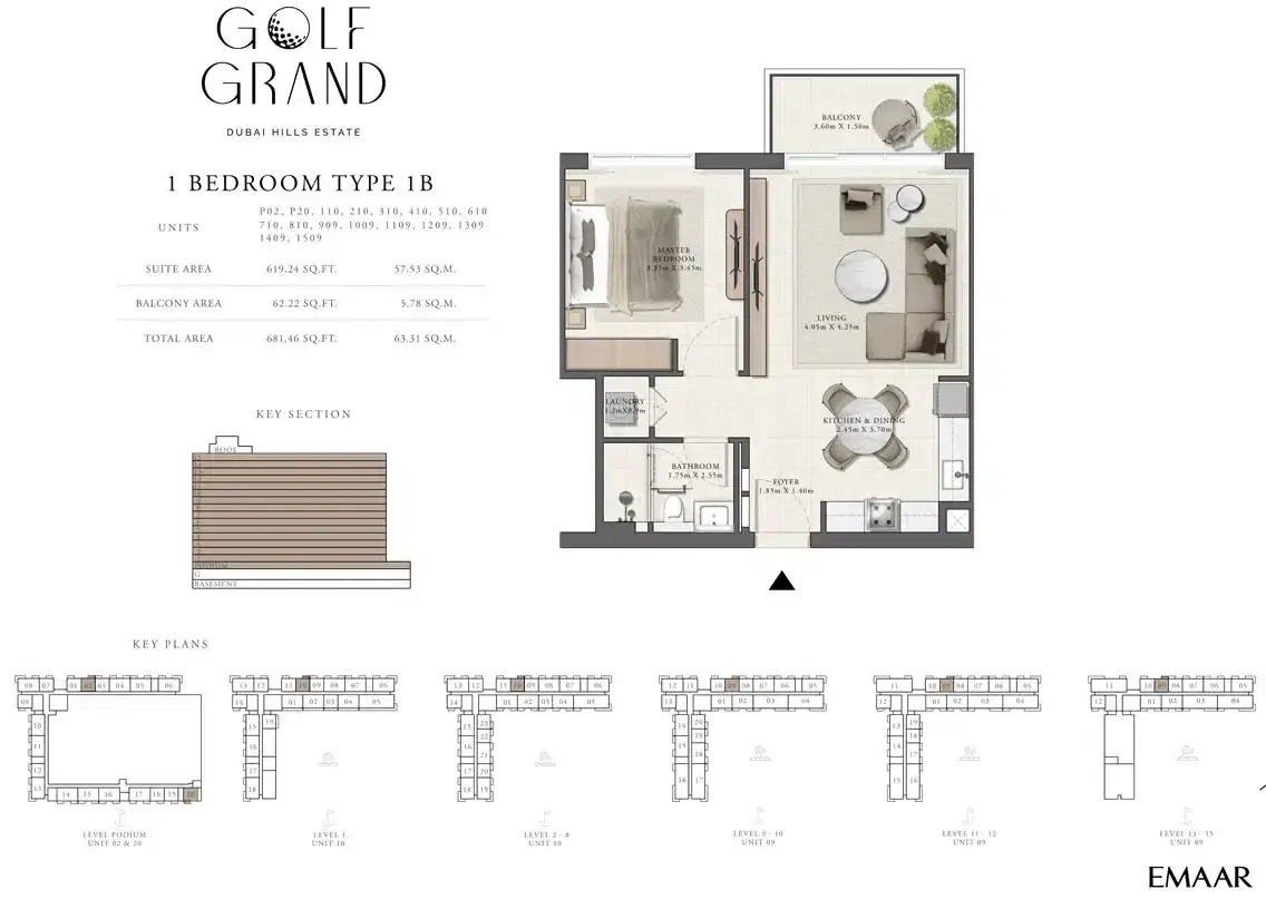 Emaar Golf Grand 1 Bedroom Apartments Floor Plan