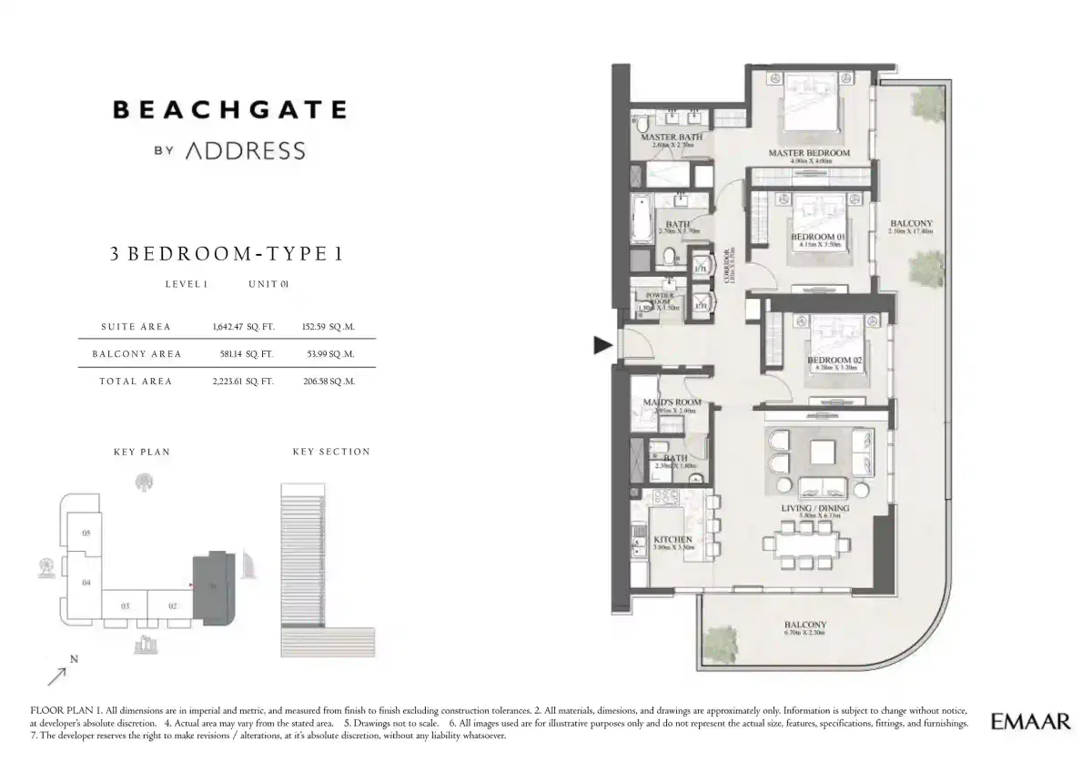 Emaar Beachgate By Address 3 Bedroom Apartments Floor Plan