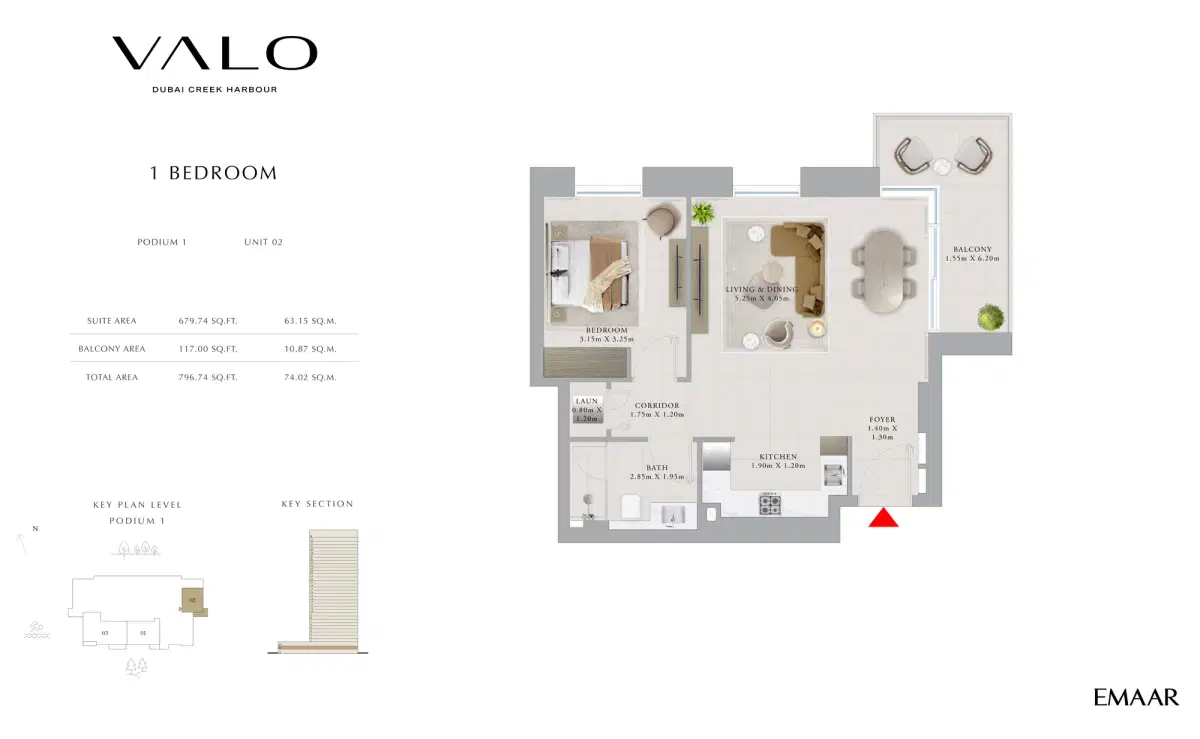 Emaar Valo Dubai 1 BR Apartment Floor Plan 796 Sq. Ft.