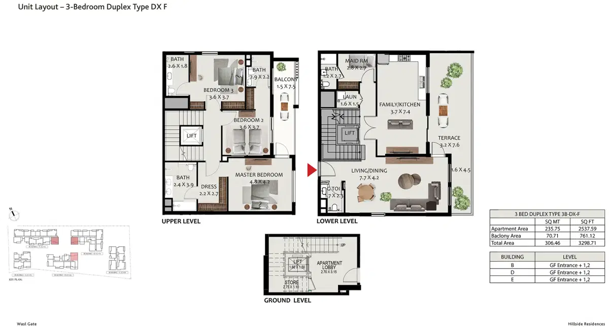 Hillside Residences 3 at Wasl Gate 3 BR Duplexes Floor Plan