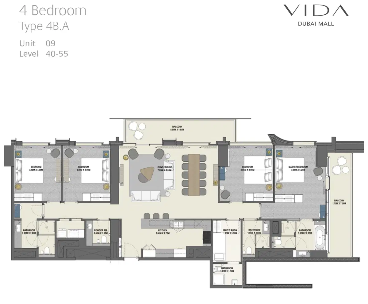 Vida Dubai Mall 4 Bedroom Apartments Floor Plan