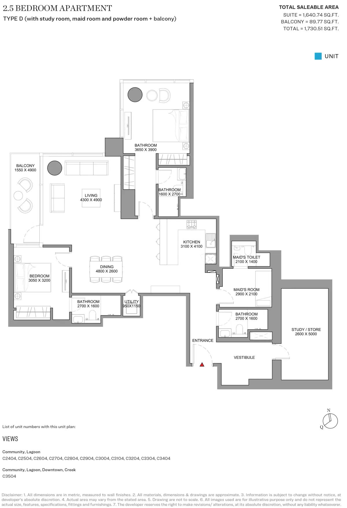 Sobha Skyscape Aura Dubai 2.5 BR Floor Plan 1,730 Sq. Ft.
