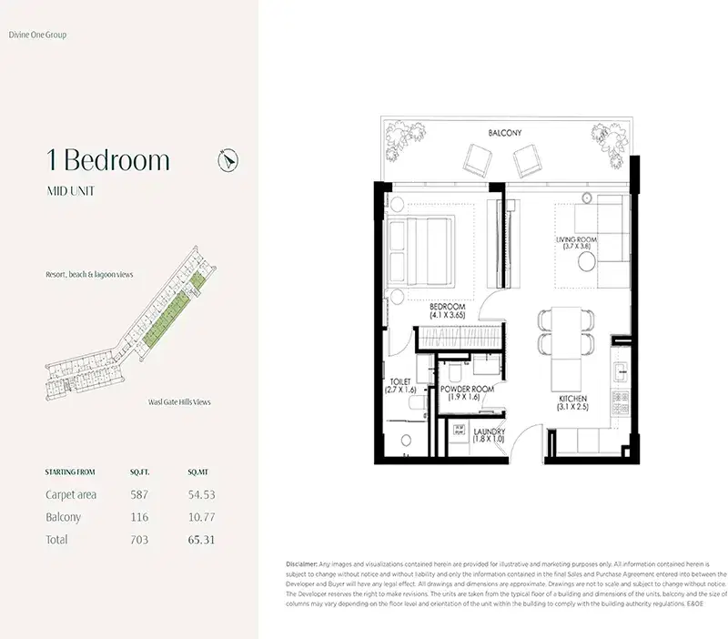Hammock Park Dubai 1 BR Floor Plan 703 Sq. Ft.