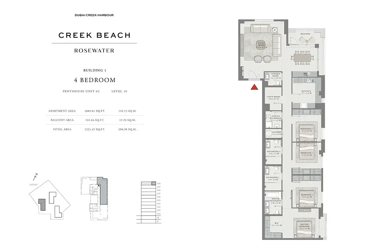 EMAAR Rosewater Dubai 4 BR Floor Plan 2,221 Sq. Ft.