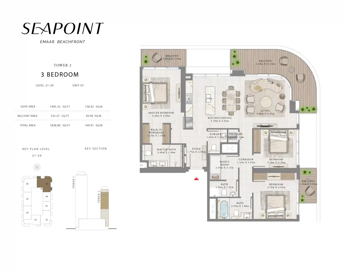 EMAAR Seapoint at Emaar Beachfront, Apartments & Penthouses 3 Bedroom Apartments Floor Plan