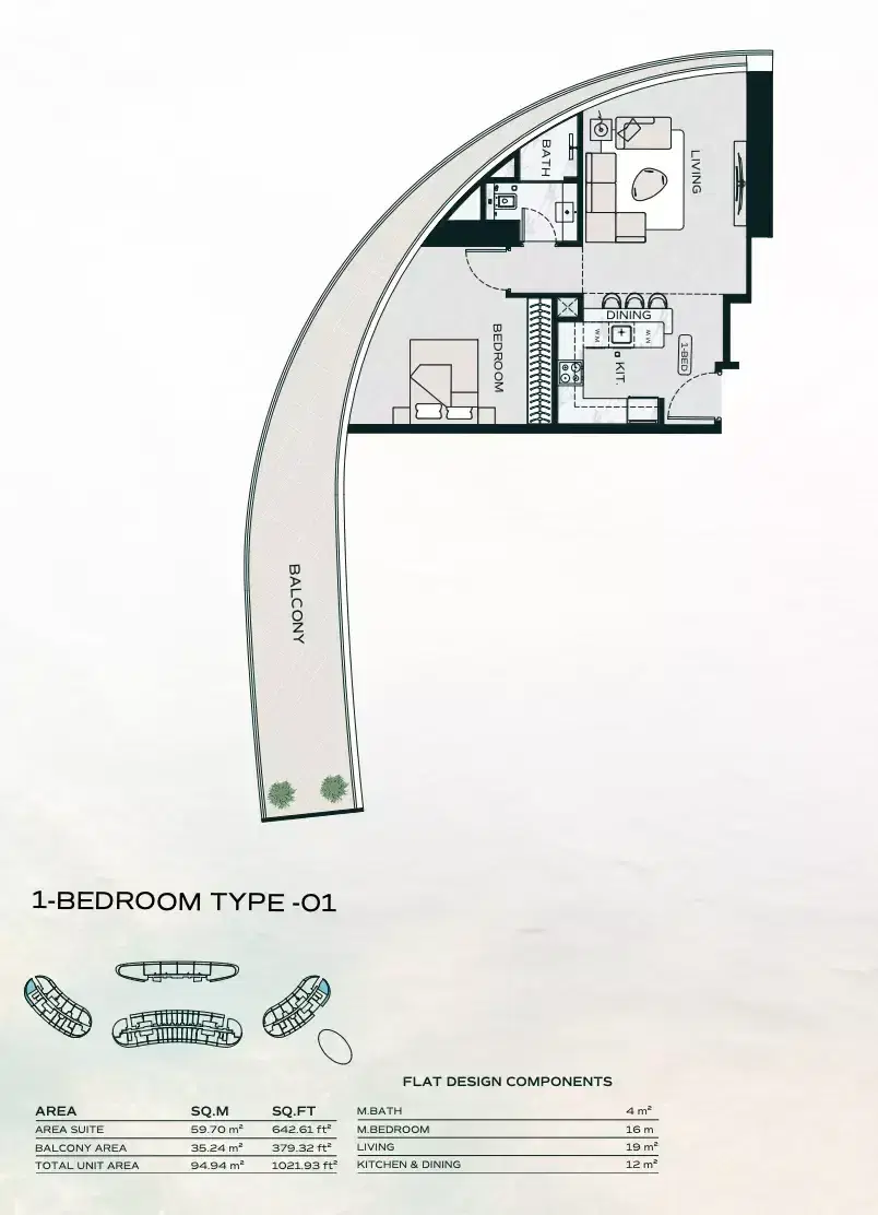 Binghatti Aquarise at Business Bay Dubai 1 BR Floor Plan 1,021 Sq. Ft.