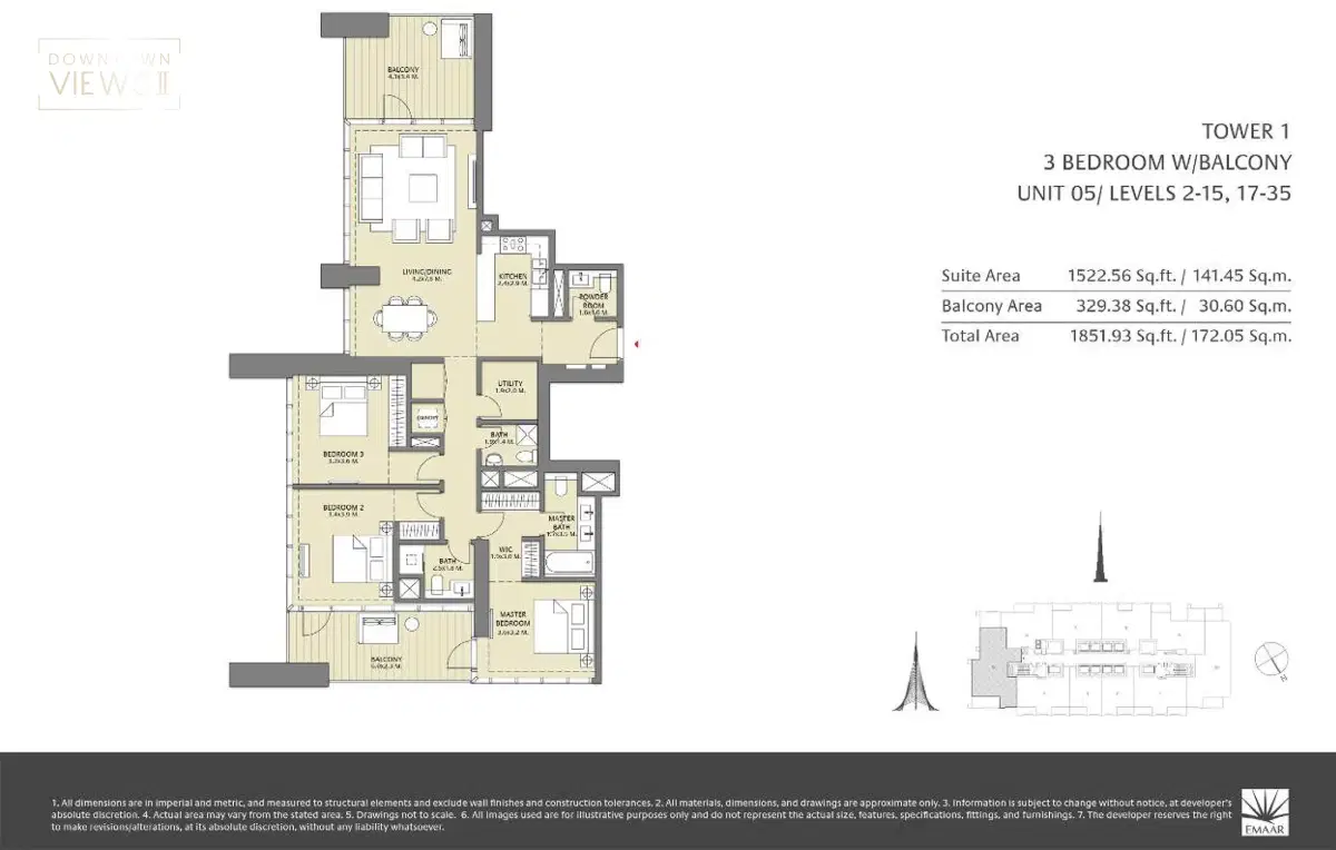 Emaar Downtown Views Ii 3 Bedroom Apartments Floor Plan