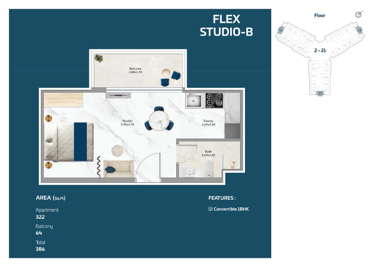 Studios Floor Plan 386 Sq. Ft.