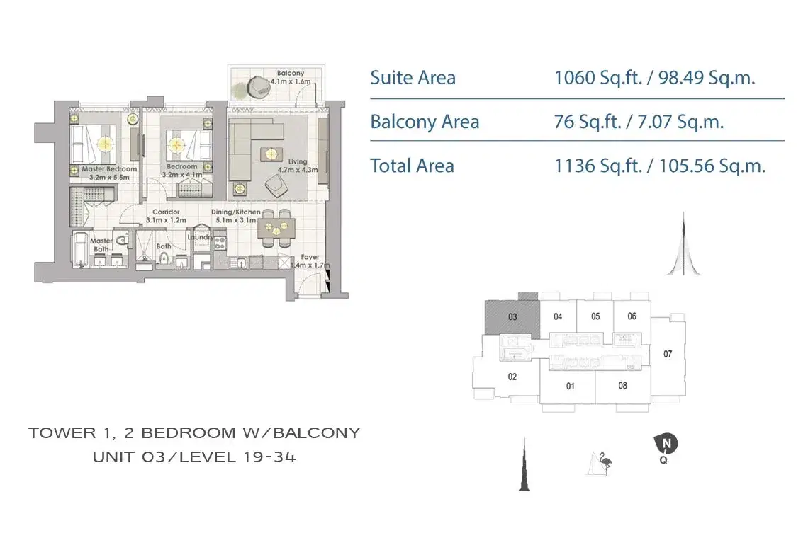 EMAAR Creek Horizon Dubai 2 BR Floor Plan 1,136 Sq. Ft.
