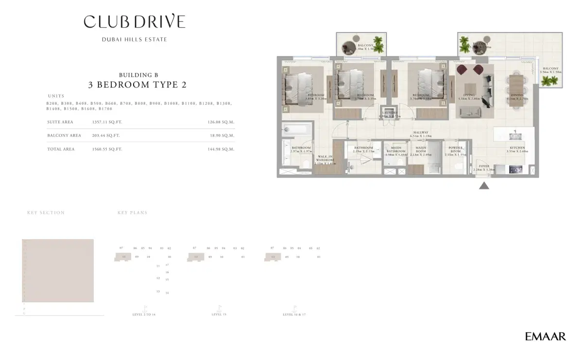 EMAAR Club Drive Dubai 3 BR Floor Plan 1,560 Sq. Ft.