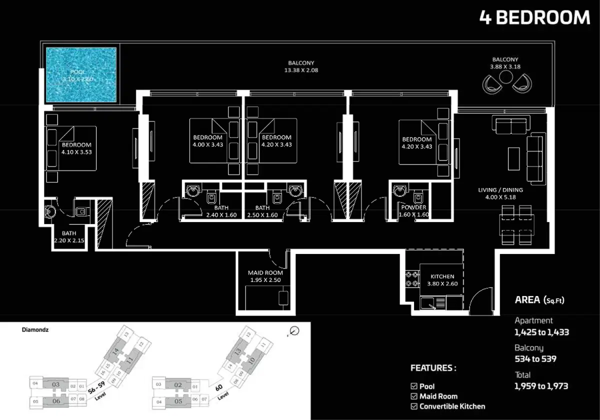 Danube Diamondz Jumeirah Lake Towers 4 Bedroom Apartments Floor Plan