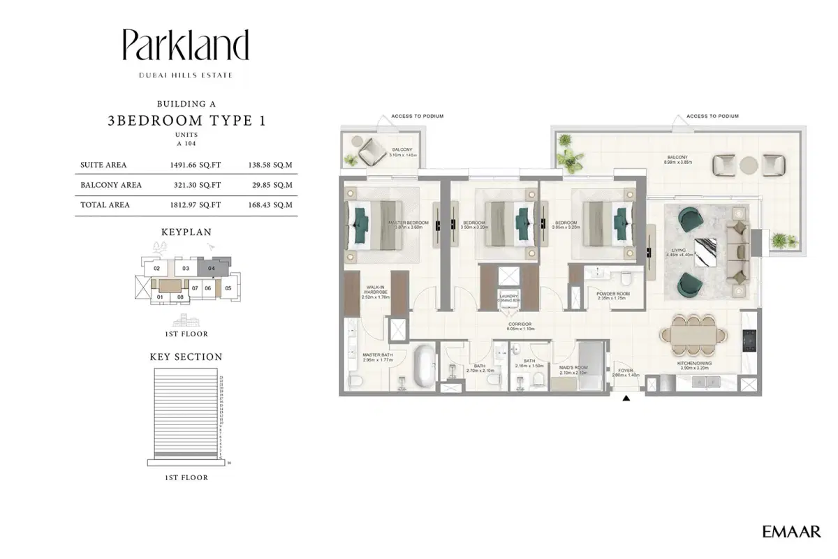 EMAAR Parkland Dubai 3 BR Floor Plan 1,812 Sq. Ft.
