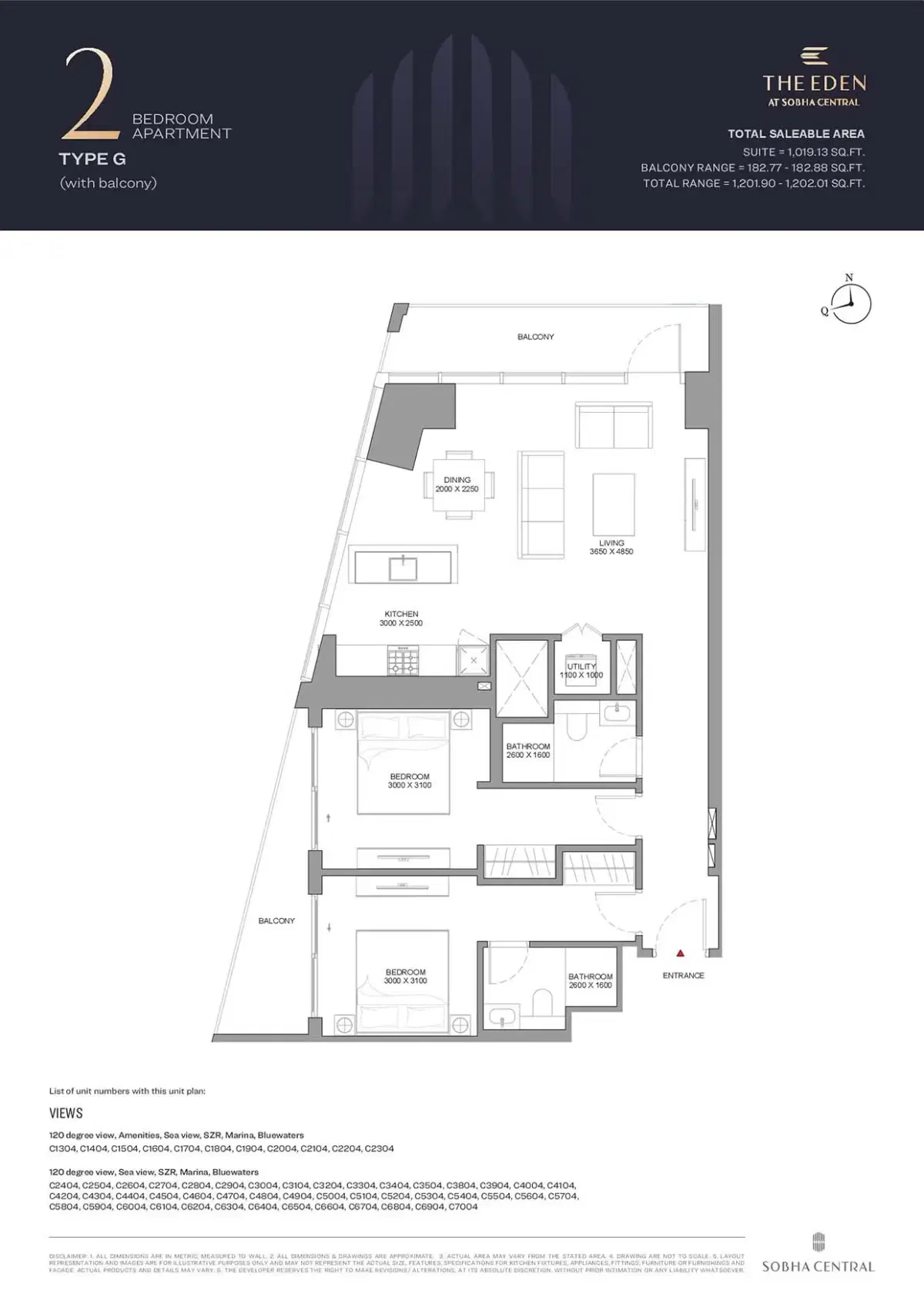 The Eden at Sobha Central 2 BR Floor Plan 1,202 Sq. Ft.
