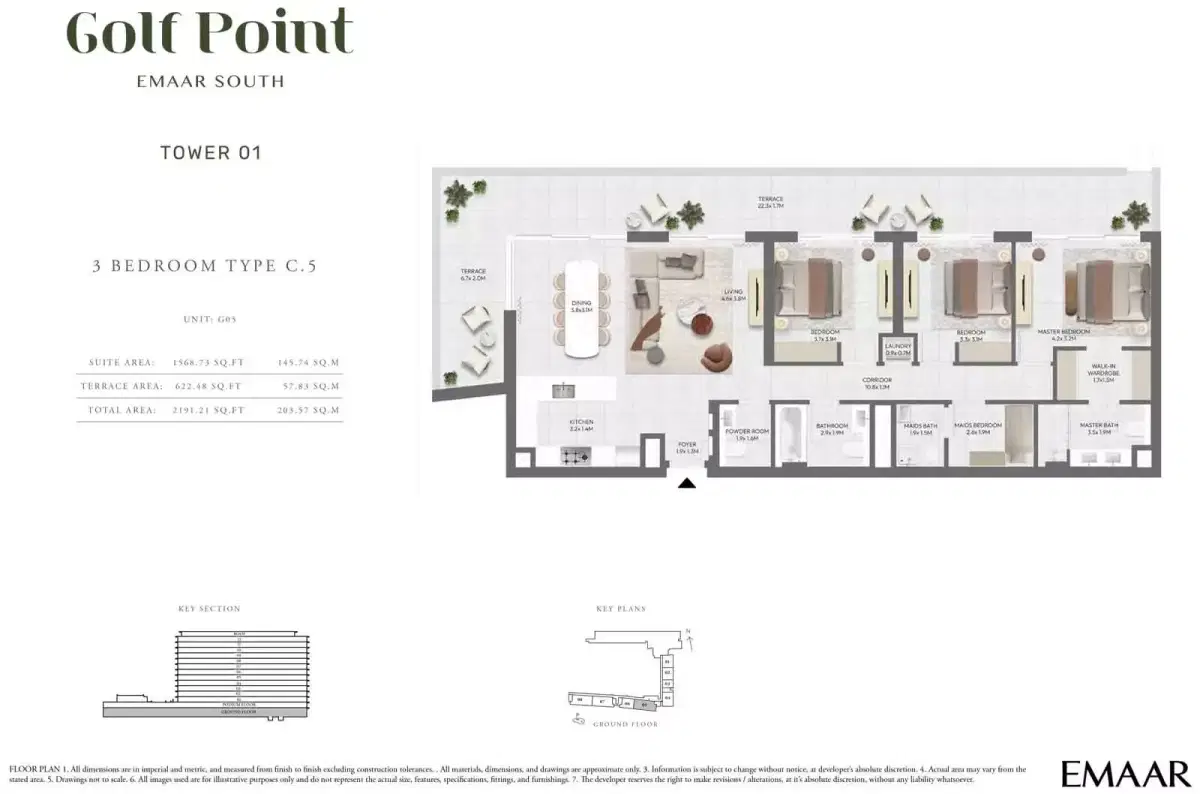 Emaar Golf Point Dubai 3 BR Floor Plan 2,191 Sq. Ft.