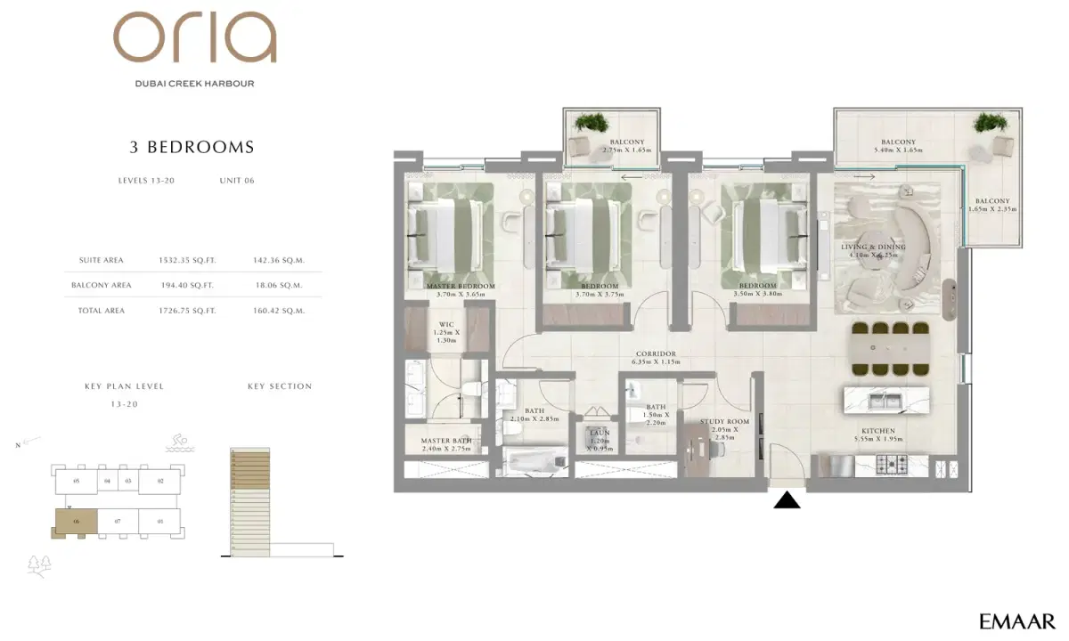 EMAAR Oria Dubai 3 BR Floor Plan 1,727 Sq. Ft.