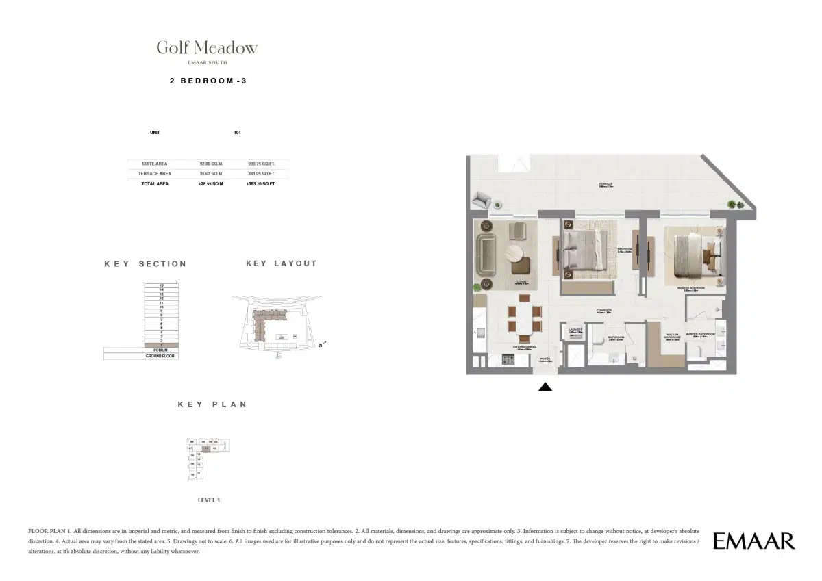 Golf Meadow at Emaar South 2 BR Floor Plan 1,383 Sq. Ft.
