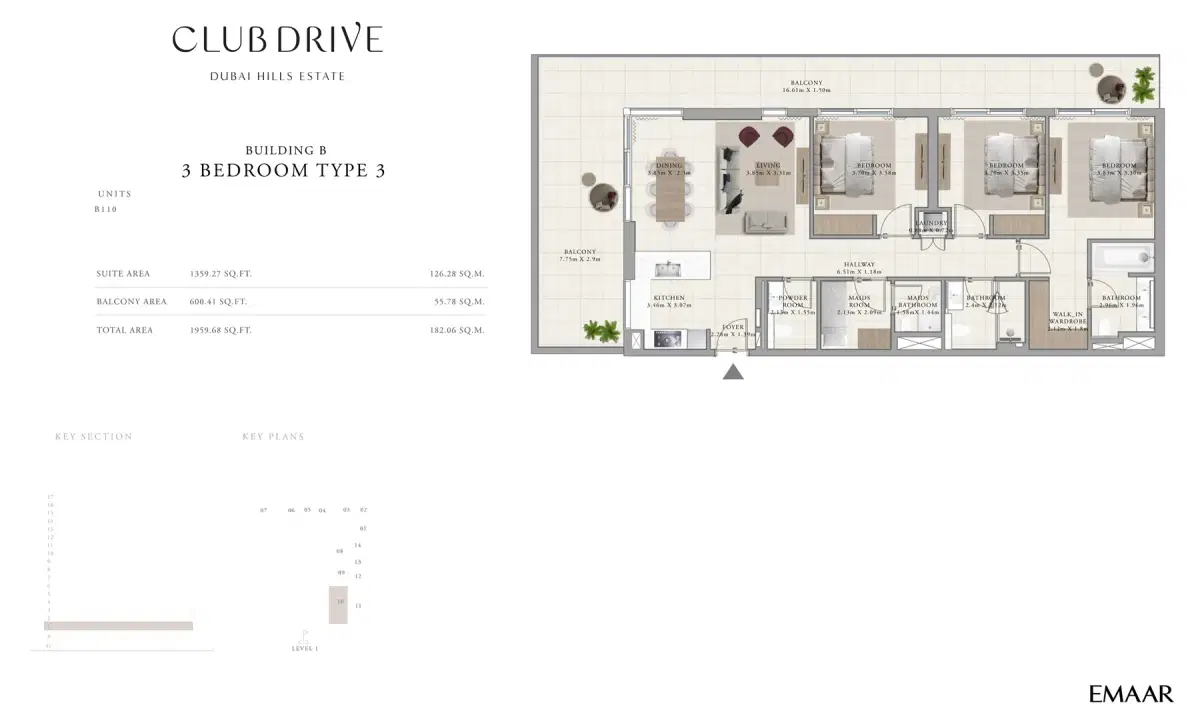 EMAAR Club Drive Dubai 3 BR Floor Plan 1,959 Sq. Ft.
