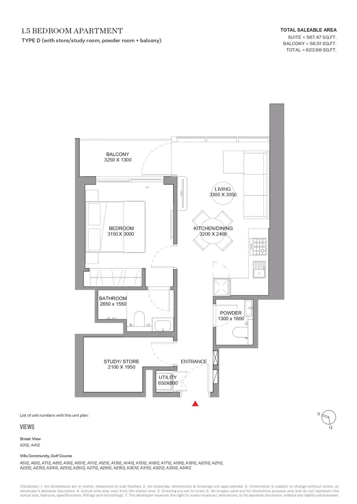Sobha Orbis Motor City Dubai 1.5 BR Apartments Floor Plan