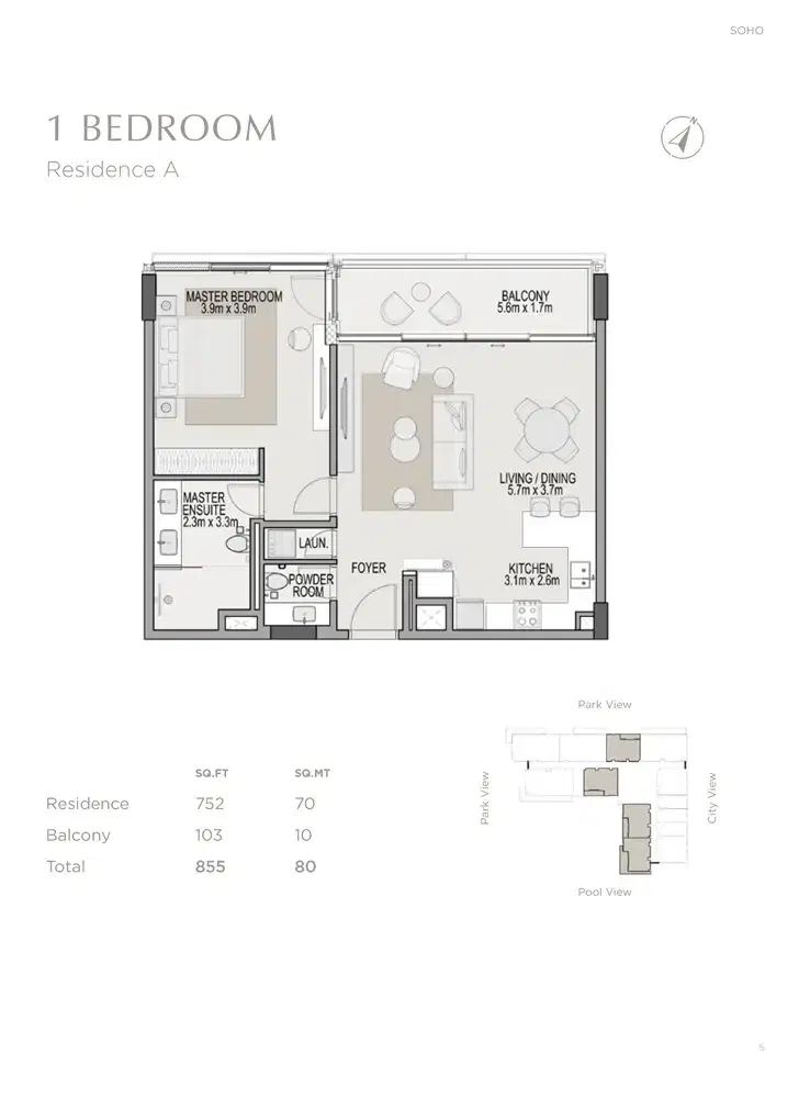 Soho Berkeley Dubai 1 BR Floor Plan 855 Sq. Ft.