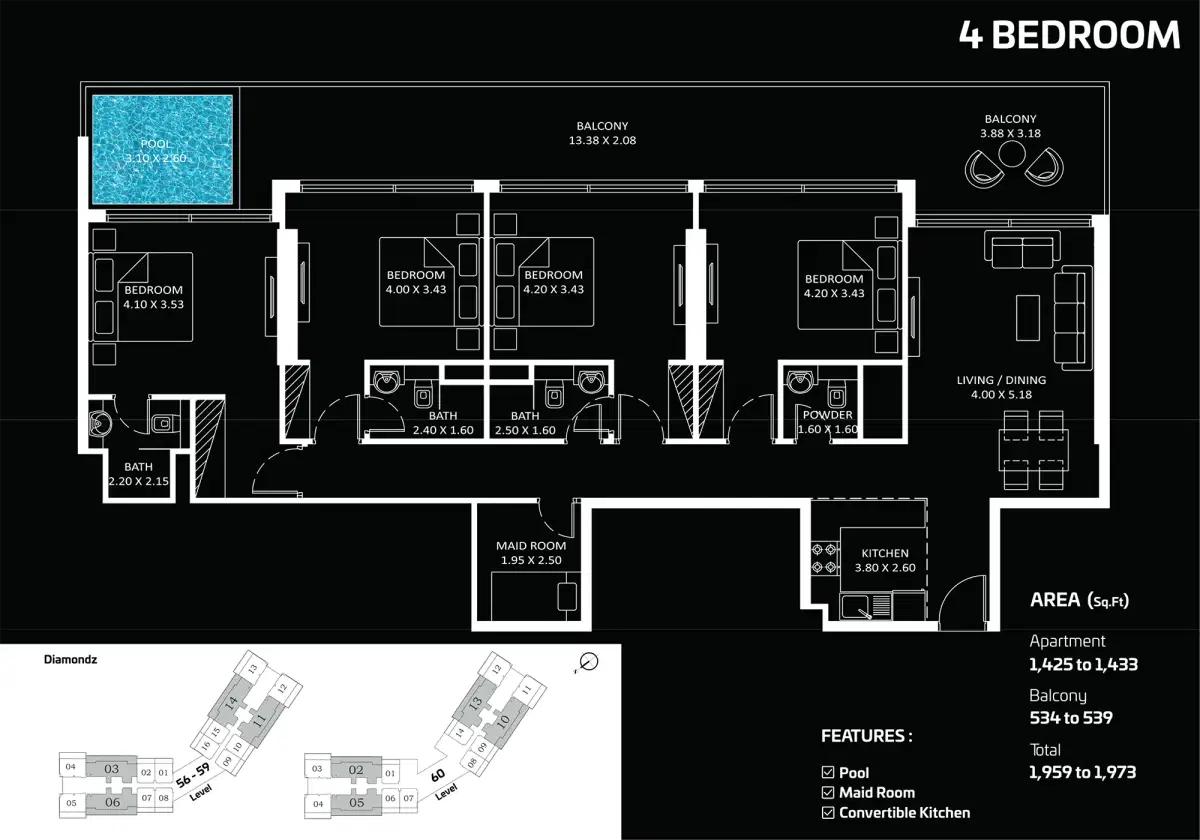 Danube Diamondz Dubai 4 BR Floor Plan 1,973 Sq. Ft.