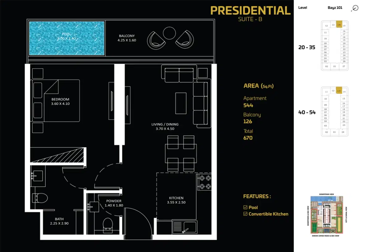 Danube Bayz 101 Business Bay 1 Bedroom Apartments Floor Plan
