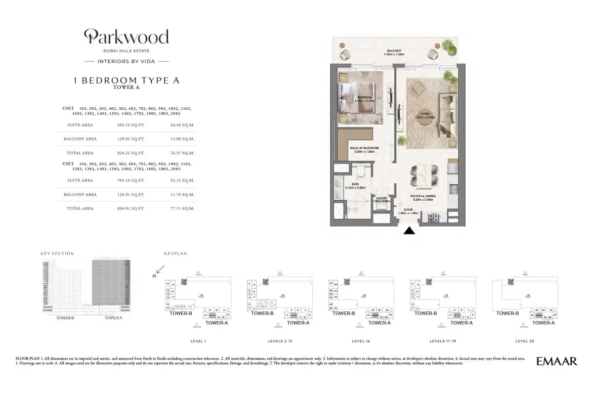 Emaar Parkwood 1 BR Floor Plan 830 Sq. Ft.