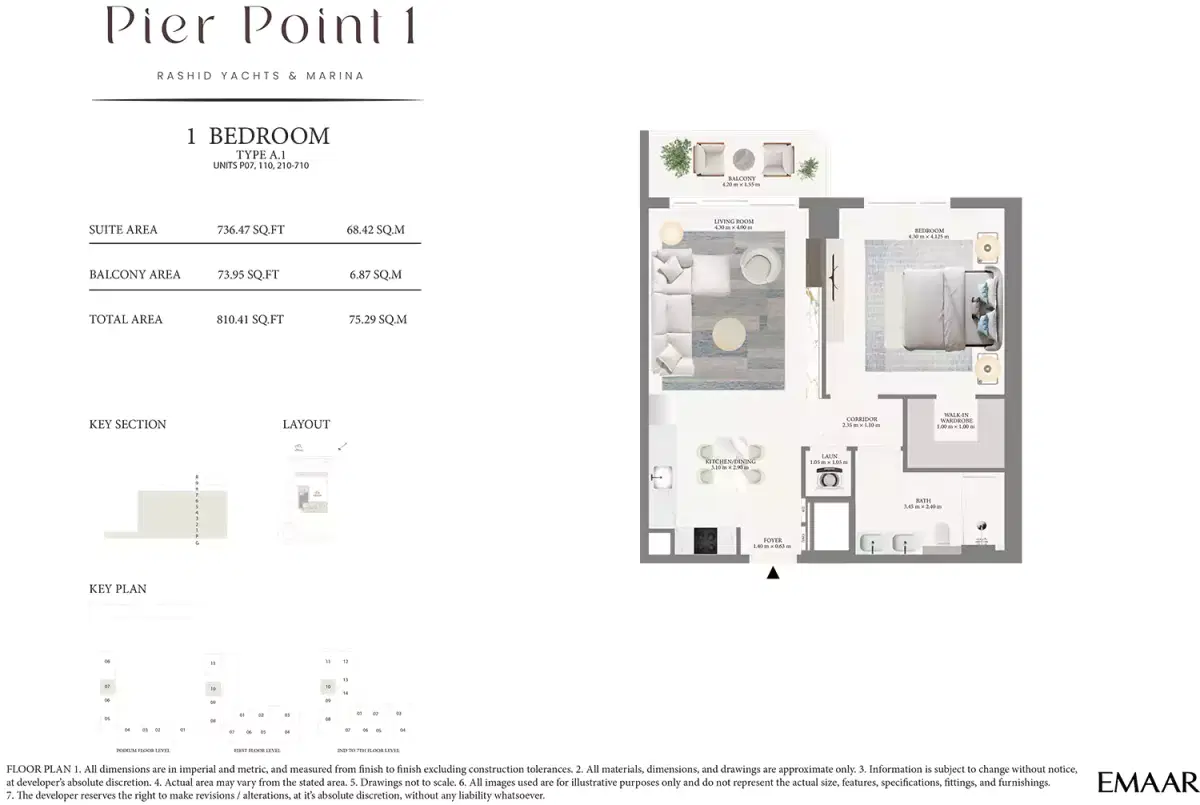 Emaar Pier Point At Rashid Yachts And Marina 1 Bedroom Apartment Floor Plan