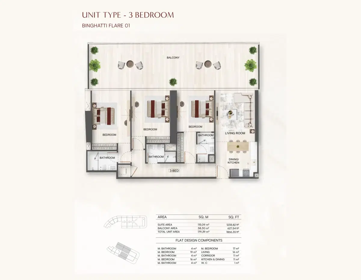 Binghatti Flare at Jumeirah Village Triangle 3 BR Floor Plan 1,866 Sq. Ft.