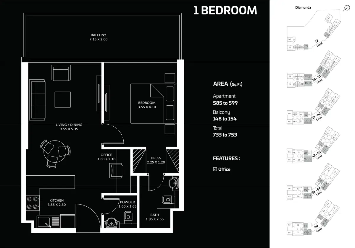 Danube Diamondz Dubai 1 BR Floor Plan 733 Sq.Ft.