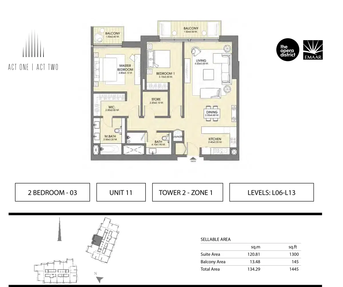 Emaar Act One Act Two 2 BR Apartment Floor Plan